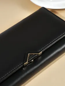 Elegant black PU leather long wallet for women with stylish V-shaped metal clasp