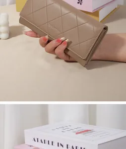 Close-up detail of a women's long khaki wallet featuring a quilted rhombus pattern