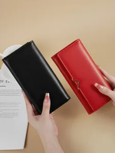 Stylish black and red PU leather long wallets for women with V-shaped metal clasp