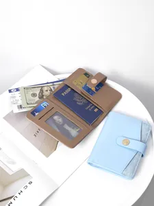 Multifunctional leather travel passport wallet with dual buckle and multiple card slots