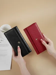 Elegant minimalist women's long quilted leather clutch wallet in black and red colors