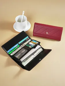 Elegant red and black ladies long leather wallets with multi-card slots and large capacity