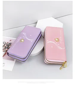 Pink and purple long double zipper women wallets with pearl ornament and patterns