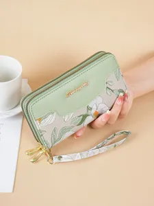 Women's Chinese Style Floral Embroidery Long Wallet Double Zipper Clutch Purse Patchwork PU Leather Mobile Phone Bag With Wristlet Strap