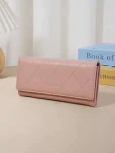 Elegant pink quilted long wallet for women with minimalist diamond pattern clutch style