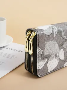 Elegant Chinese style floral embroidered long wallet with double zipper and gold hardware