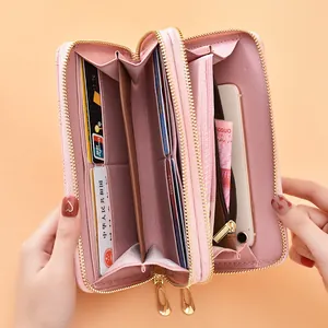 Élégant portefeuille long rose pour femme avec double fermeture éclair et porte-cartes