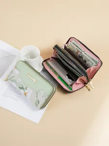 Elegant floral embroidery women's long wallet with light green patchwork design