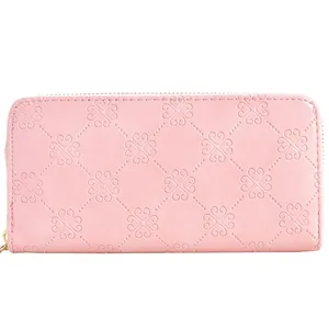 Portefeuille long rose pour femme avec motif cœur gaufré et fermeture éclair intégrale