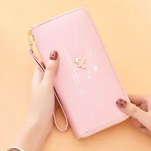 Women Fashion Long Wallet Butterfly Printed PU Leather Double Zipper Clutch Purse With Wrist Strap Phone Holder Card Case