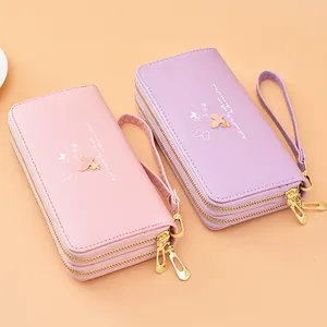 Elegant ladies' double zipper long wallet with wrist strap and stylish butterfly print