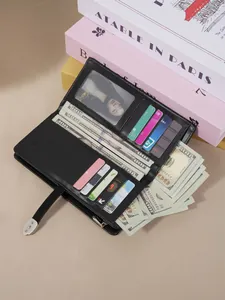 Élégant portefeuille long en cuir PU noir pour femme avec de nombreuses fentes à cartes