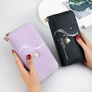 Elegant pearl long wallets for women with double zipper in purple and black colors.