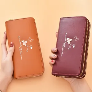 Women's long double zipper wallet with elegant butterfly print and love quote