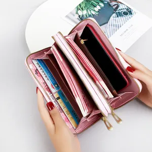 Double layer zipper long pink wallet for women with large capacity and phone compartment