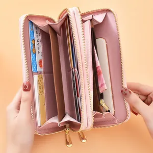 Elegant pink women's long wallet with double zippers and large capacity for cards and phone