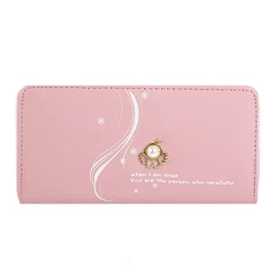 Elegant pink long wallet for women featuring a pearl charm and a stylish white print