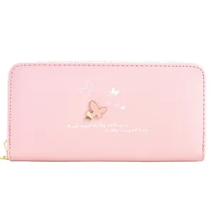Elegant pink women's long wallet featuring butterfly print and secure zip closure design