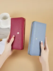 Elegant ladies lychee pattern long leather wallet with gold leaf logo and single zipper closure