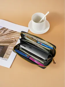 Large capacity women's long litchi grain leather wallet with zipper closure and phone slot