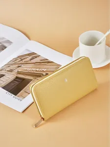 Yellow litchi pattern women's long wallet with single zipper and minimalist design