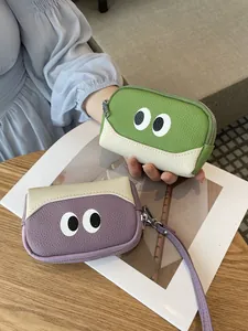 Portamonete carino in pelle con occhi a cartone animato nei colori verde e viola