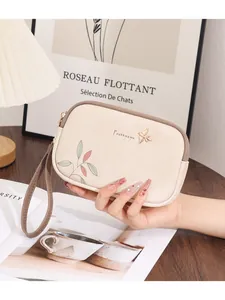 Fashion Women's Double Zipper Clutch Bag Long Wallet Painted Leaf Print Phone Pouch With Wristlet Strap PU Leather Handbag