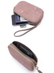 Elegant dusty pink women's double zipper clutch bag with leaf print and wrist strap