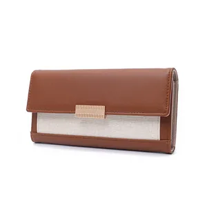 Vintage women's long wallet featuring brown contrast color and woven texture.