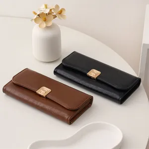 Black and brown textured faux leather long wallets with elegant gold square metal clasps