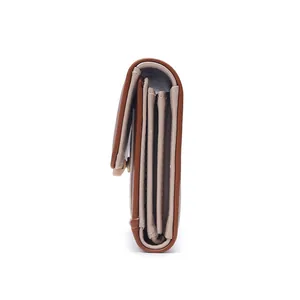 Detailed side view of a bi-color folded long wallet showing multi-layered compartments