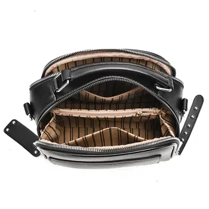 Multi-layer practical black leather handbag with striped interior lining and silver hardware