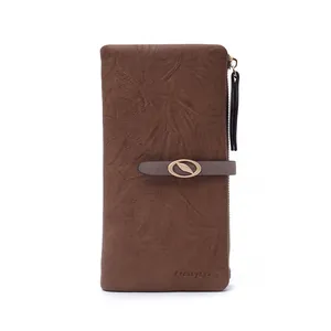 Portafoglio lungo in pelle marrone vintage da donna con fibbia a foglia dorata e cerniera
