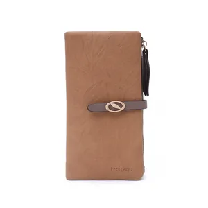 Elegante portafoglio lungo da donna marrone con fibbia decorativa a forma di foglia