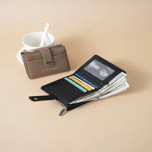 Stylish lychee pattern PU leather short wallet with multiple card slots and cash pocket