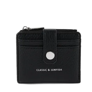 Black lychee texture PU leather short wallet card holder with multiple slots and zipper