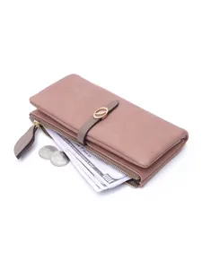 Elegante portafoglio lungo rosa da donna con fibbia e tasca con zip