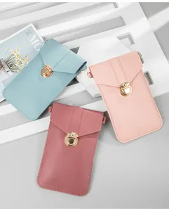 Detailed view of crossbody phone bags in three colors featuring gold hardware locks.