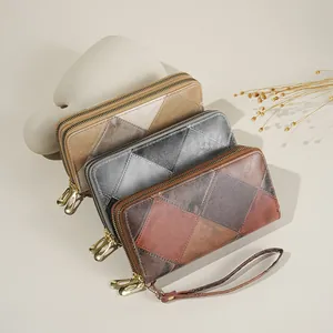 Cartera Retro Patchwork para Mujer Cuero PU Doble Cremallera Gran Capacidad Embrague Moda Ranura para Múltiples Tarjetas Bolso del Teléfono