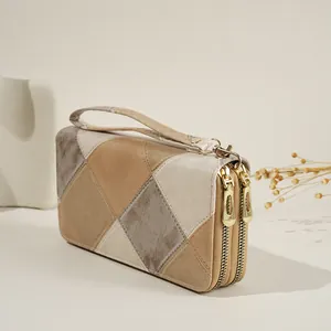 Cartera vintage de cuero patchwork con doble cremallera para mujer