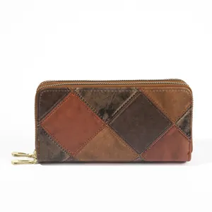 Cartera vintage de cuero patchwork con cremallera doble y diseño de gran capacidad