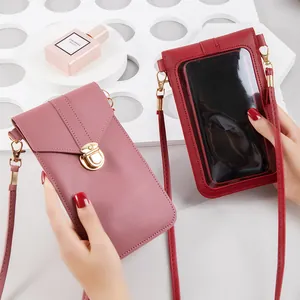 Women's Korean Minimalist PVC Mobile Phone Bag With Touch Screen Transparent Window Metal Lock Crossbody Shoulder Small Square Bag