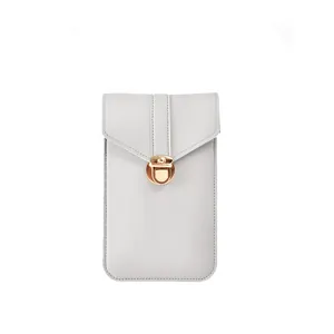 Minimalist grey crossbody phone bag with gold-tone lock closure for women