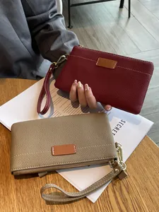 Women Genuine Leather Clutch Bag First Layer Cowhide Litchi Pattern Small Zipper Wristlet Purse For Daily Storage