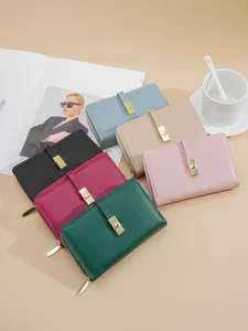 Portafogli vintage in pelle PU tinta unita con fibbia dorata per donna in vari colori