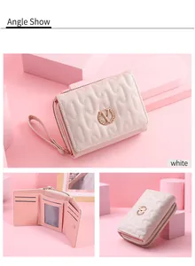 Detailed multi-angle views of women's short folded wallet with wave stitching and V-logo