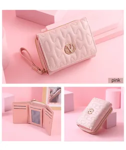 Collage showing the exterior, interior card slots and back of a pink wave stitched wallet.