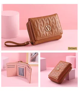 Detailed views of brown short wallet with wave pattern and gold V logo accents