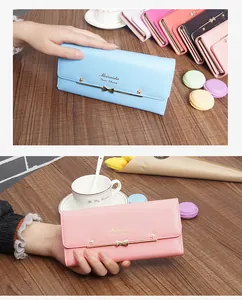 Elegant pastel colored long wallets for women with cute bow and rivet detail
