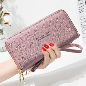 Women's Long Wallet Double Zipper High Capacity Phone Pouch PU Leather Flower Embossed Quilted Handbag With Wristlet